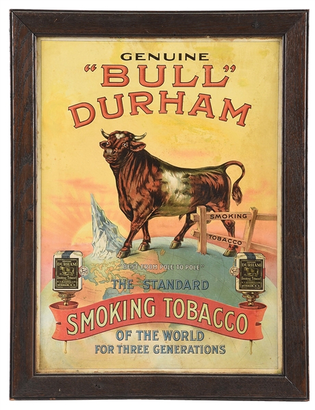 FRAMED CARDBOARD ADVERTISEMENT FOR BULL DURHAM TOBACCO.