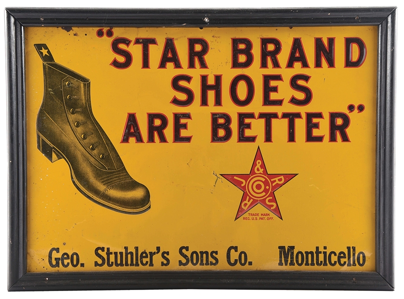 EMBOSSED TIN SIGN FOR STAR BRAND SHOES.