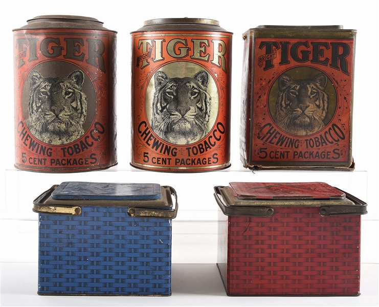 LOT OF 5: TIGER BRAND CHEWING TOBACCO TINS.