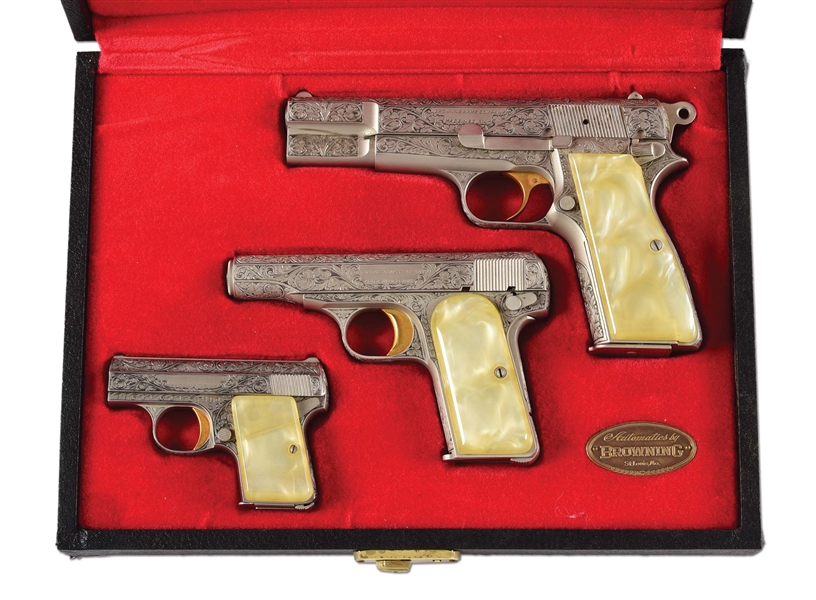 (C) LOT OF 3: CASED SET OF RENAISSANCE ENGRAVED BELGIAN MADE BROWNING HI-POWER, 1910, AND 1905 SEMI-AUTOMATIC PISTOLS.