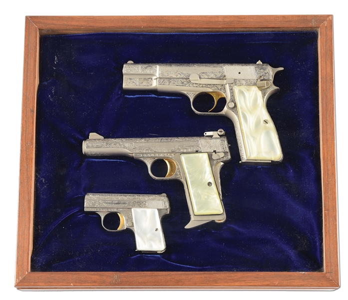 (M+C) LOT OF 3: CASED SET OF RENAISSANCE ENGRAVED BROWNING SEMI AUTOMATIC PISTOLS.