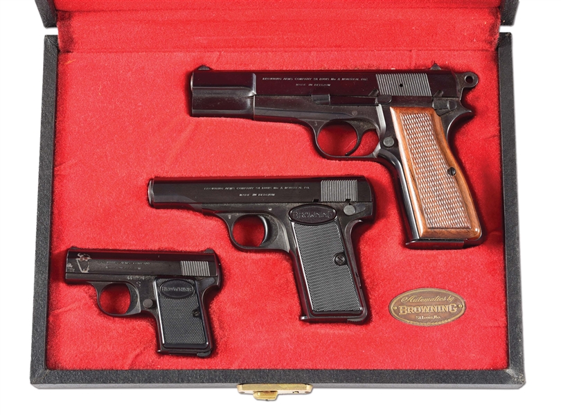 (C) LOT OF 3: CASED GRADE I SET OF BROWNING SEMI AUTOMATIC PISTOLS.