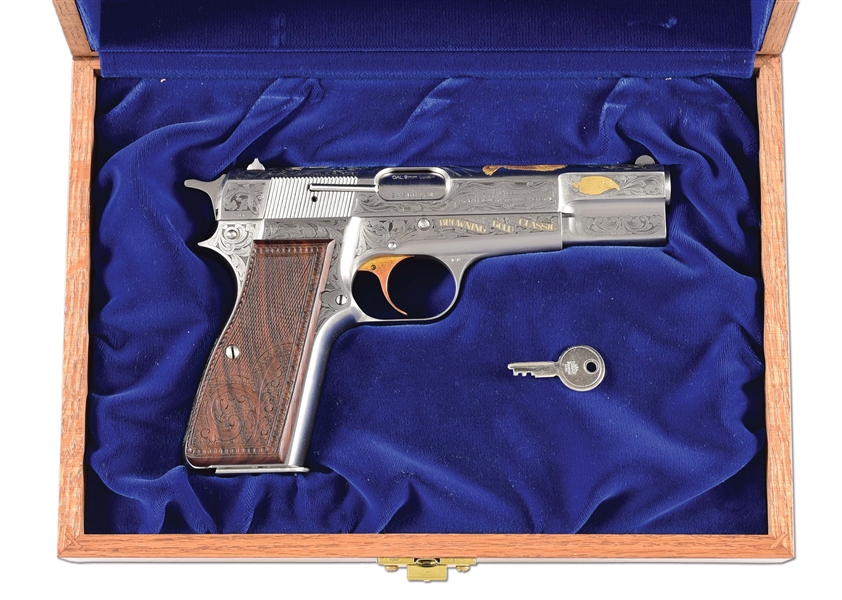(M) CASED AND ENGRAVED BROWNING GOLD CLASSIC HI-POWER SEMI-AUTOMATIC PISTOL.