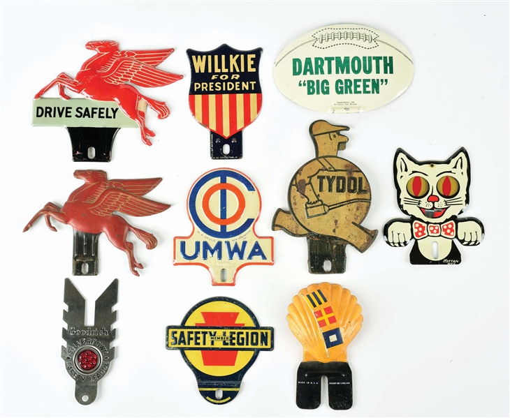 LOT OF 10: GASOLINE, MOTOR OIL & ADVERTISING LICENSE PLATE TOPPERS. 