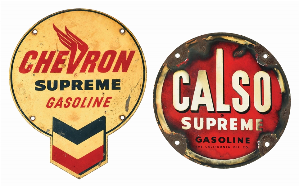 LOT OF 2: CHEVRON SUPREME & CALSO SUPREME TIN & PORCELAIN PUMP SIGNS. 