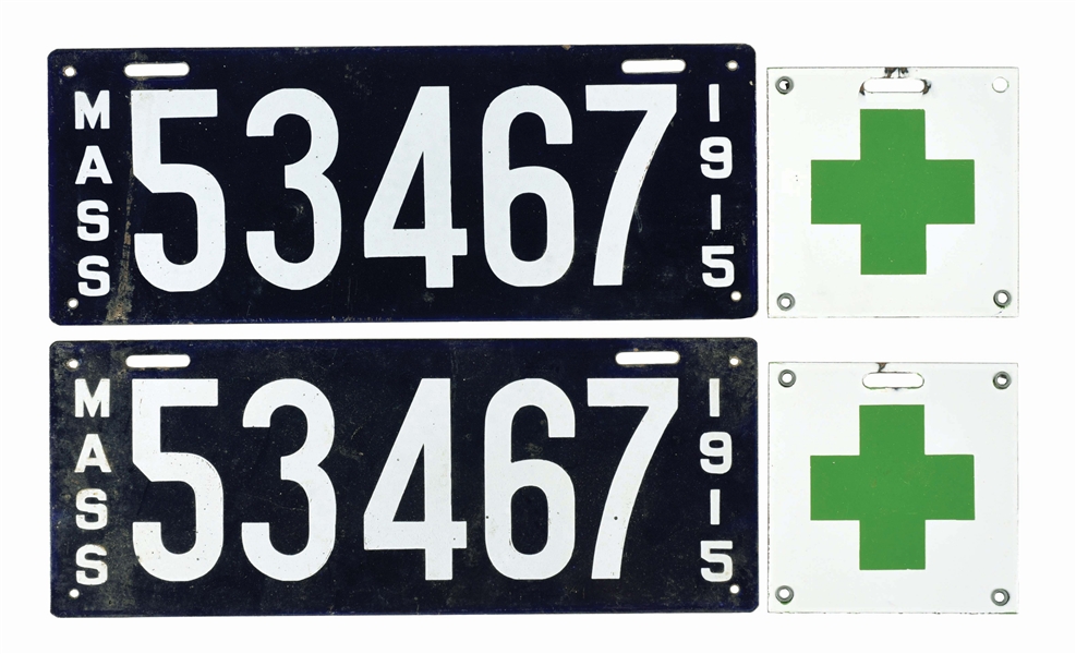 LOT OF 4: MASSACHUSETTS 1915 MATCHING PAIR OF PORCELAIN LICENSE PLATES W/ TWO PORCELAIN MEDICAL ATTACHMENTS. 