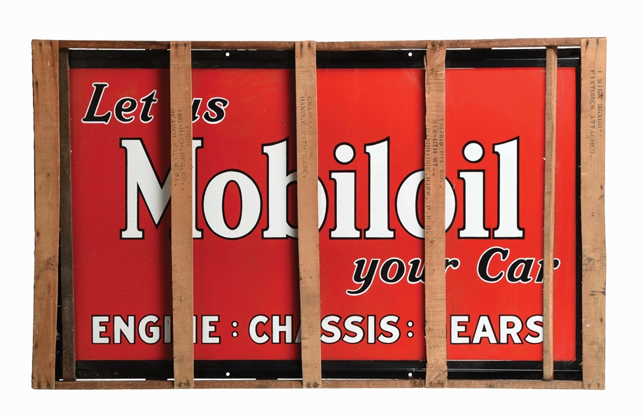 OUTSTANDING NEW OLD STOCK LET US MOBILOIL YOUR CAR PORCELAIN SIGN IN ORIGINAL SHIPPING CRATE.