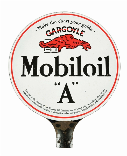 MOBILOIL GARGOYLE "A" MOTOR OIL PORCELAIN LUBSTER PADDLE SIGN. 