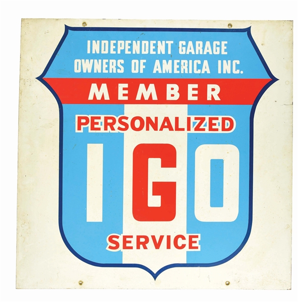 INDEPENDENT GARAGE OWNERS OF AMERICAN TIN SERVICE STATION SIGN. 