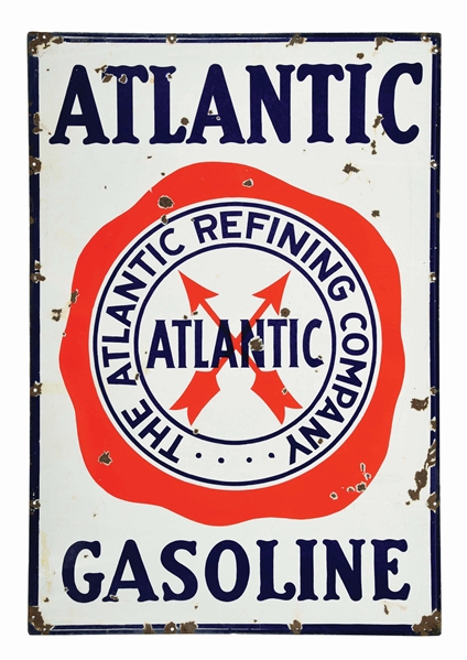 ATLANTIC GASOLINE PORCELAIN SERVICE STATION SIGN W/ CROSSED ARROW GRAPHIC.