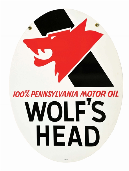 NEW OLD STOCK WOLFS HEAD MOTOR OIL TIN CURB SIGN W/ ORIGINAL STAND AND SHIPPING BOX. 