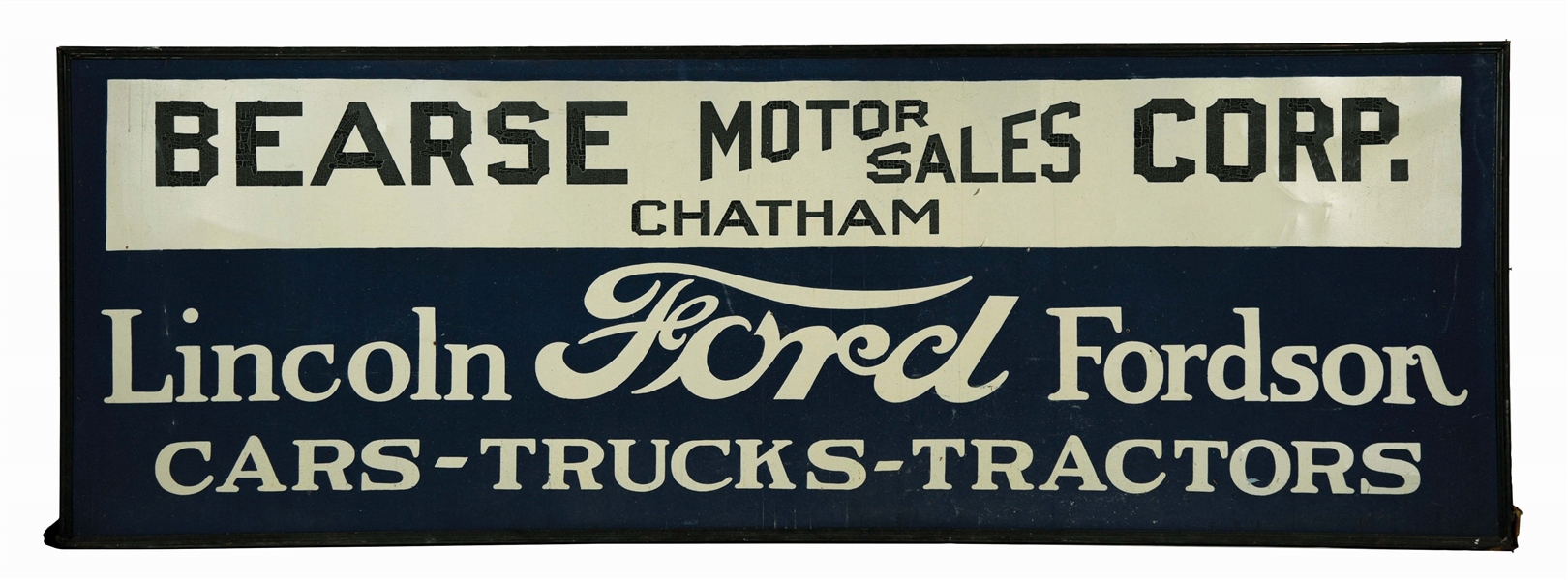 OUTSTANDING FORD, LINCOLN & FORDSON CARS, TRUCKS & TRACTORS SMALTS PAINTED TIN DEALERSHIP SIGN. 