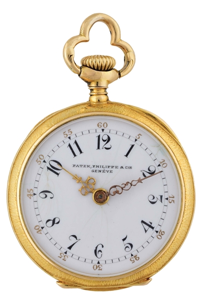 18K GOLD PATEK PHILIPPE & CO. FOR M. SCOOLER, NEW ORLEANS, O/F PENDANT WATCH W/HIGH RELIEF DIAMOND FLOWER, CIRCA 1900.