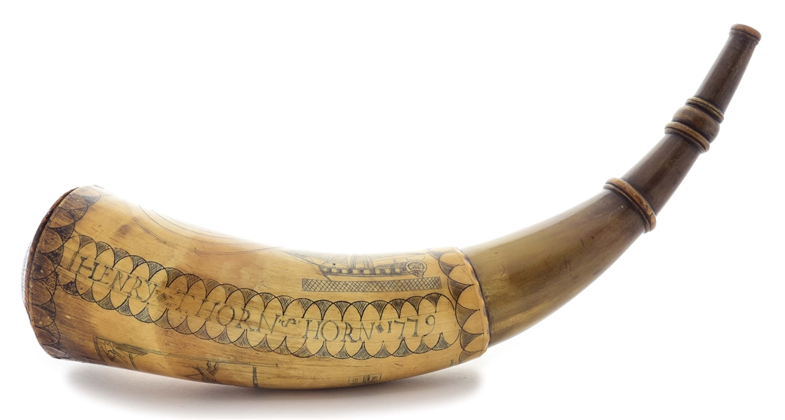 ENGRAVED POWDER HORN OF HENRY THORN, DATED 1779.