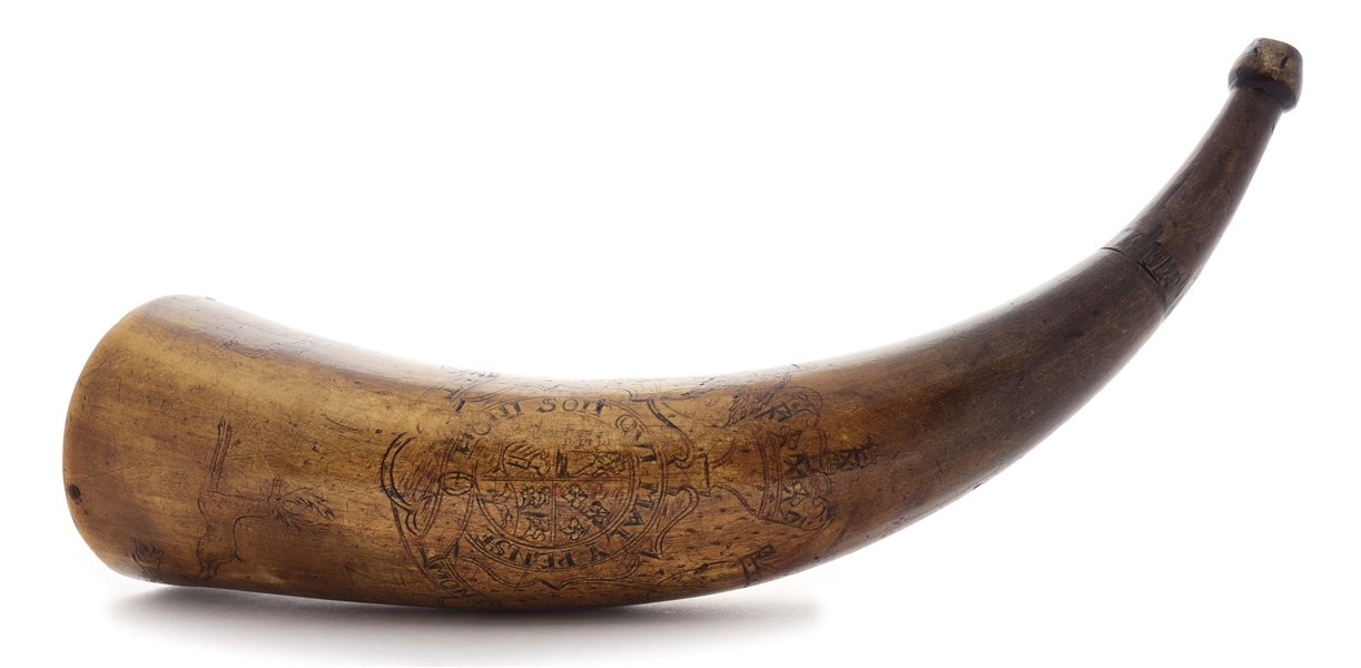 ENGRAVED POWDER HORN ATTRIBUTED TO THE POINTED TREE CARVER.