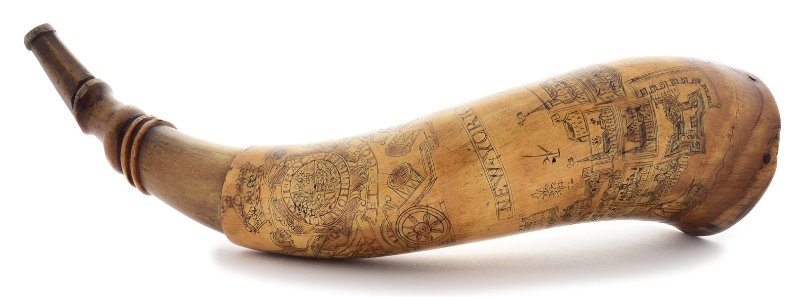 ENGRAVED FRENCH AND INDIAN WAR NEW YORK MAP POWDER HORN, DATED 1758.