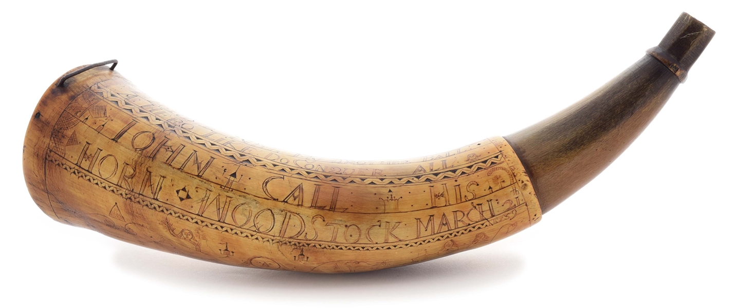 IMPORTANT AND HISTORIC ENGRAVED POWDER HORN OF JOHN CALL, DATED 1759.
