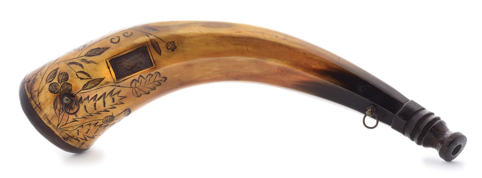 SCOTTISH 1754 DATED POWDER HORN WITH SILVER INLAY.