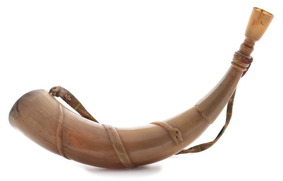LARGE AND UNUSUAL FOLK ART POWDER HORN WITH RELIEF CARVED SNAKE.