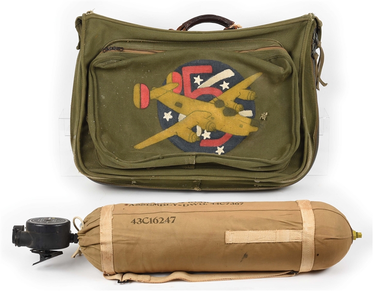LOT OF 2: WWII USAAF PAINTED B-4 BAG AND TYPE D-2 OXYGEN TANK