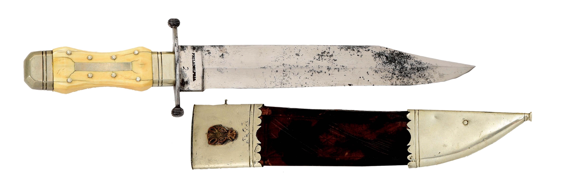 NEWLY DISCOVERED IVORY-HANDLED CLIP POINT BOWIE KNIFE BY BENGLISH & HUBERS, PHILADELPHIA.