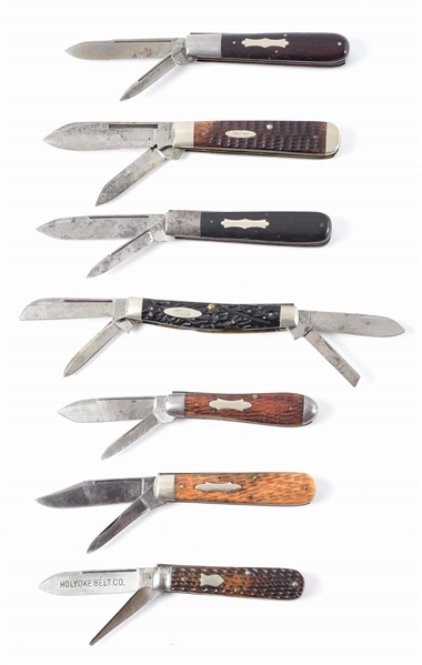LOT OF 7: EARLY AMERICA FOLDING KNIVES BY CASE, KA-BAR, C.F. WOLFERTZ, SHRADE CUT CO.