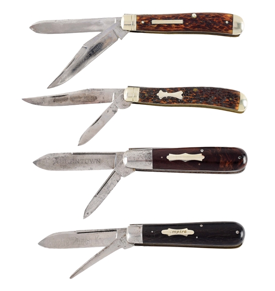 LOT OF 4: EARLY AMERICAN ETCHED FOLDING KNIVES BY EMPIRE WINSTED, WOLFERTZ, MAHER & GROSH.