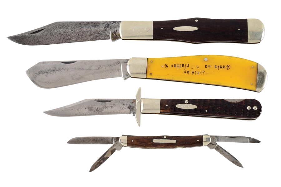 LOT OF 4: EARLY KA-BAR KNIVES INCLUDES A COTTON SAMPLER.