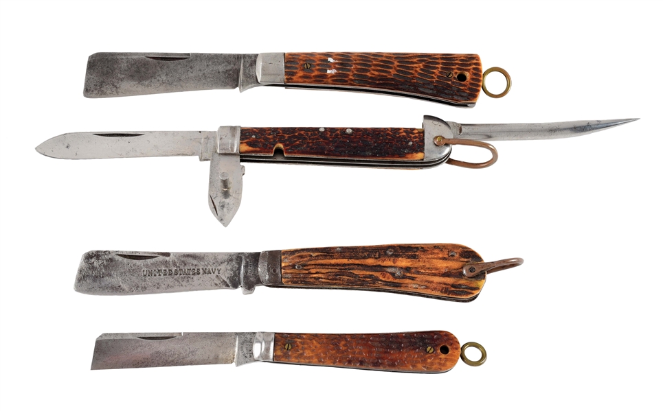 LOT OF 4: EARLY LARGE PATTERN ROPE KNIVES BY MILLER BROS, SCHATT & MORGAN, ALFRED WILLIAMS SHEFFIELD.