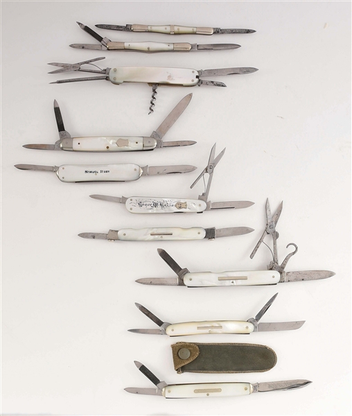 LOT OF 10: FINE AMERICAN AND ENGLISH M.O.P FOLDING KNIVES BY SCHRADE, HENKLES, MILLER BROS, NYK, AND OTHERS.