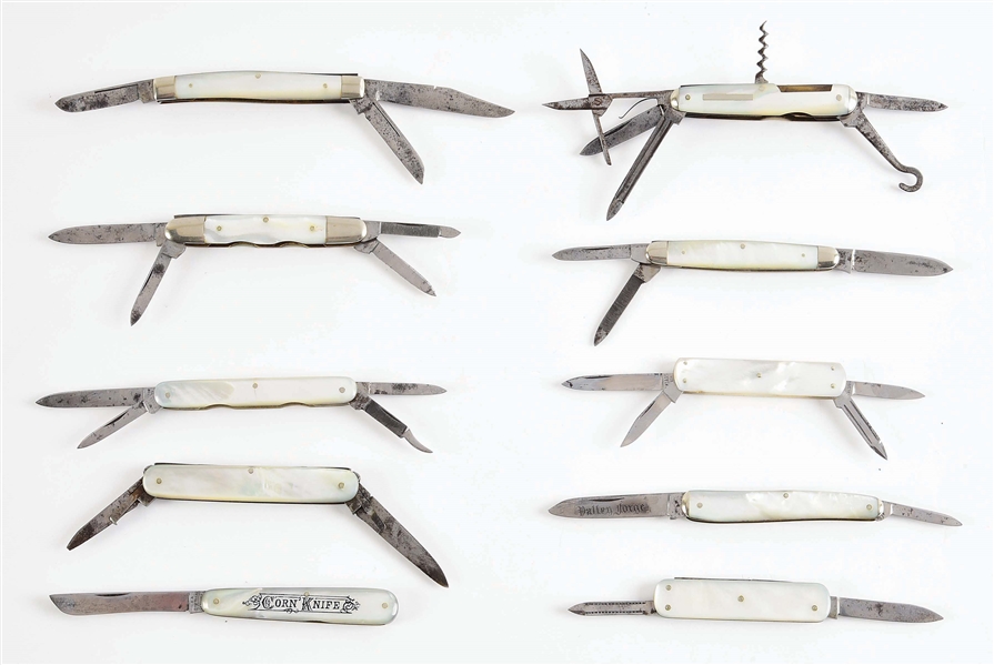 LOT OF 10: FINE AMERICAN AND FOREIGN M.O.P. FOLDING KNIVES. 