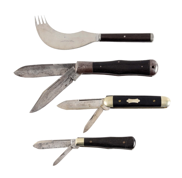LOT OF 4: AMERICAN EARLY LARGE PATTERN KNIVES BY MILLER BROS. AND MAHER & GROSH AND ONE FIXED BLADE.