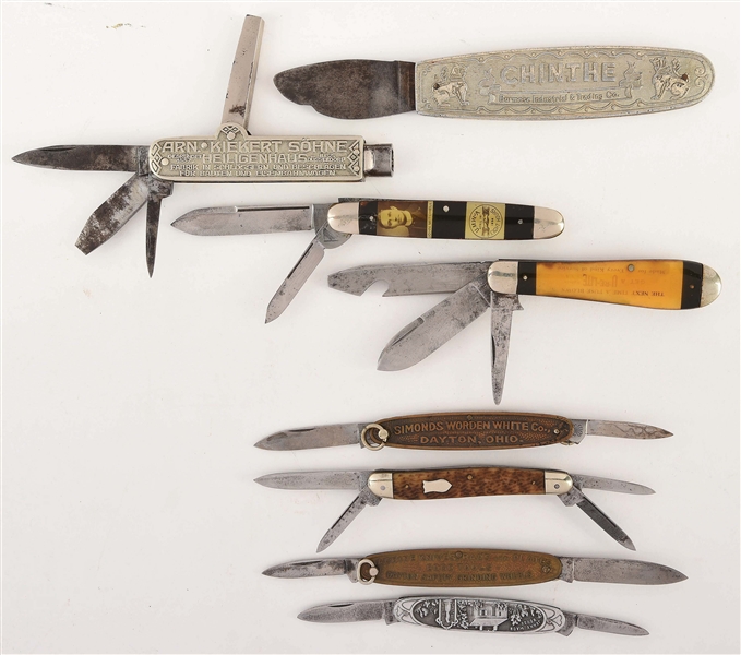 LOT OF 8: AMERICAN AND FOREIGN ADVERTISING AND COMMEMORATIVE KNIVES.