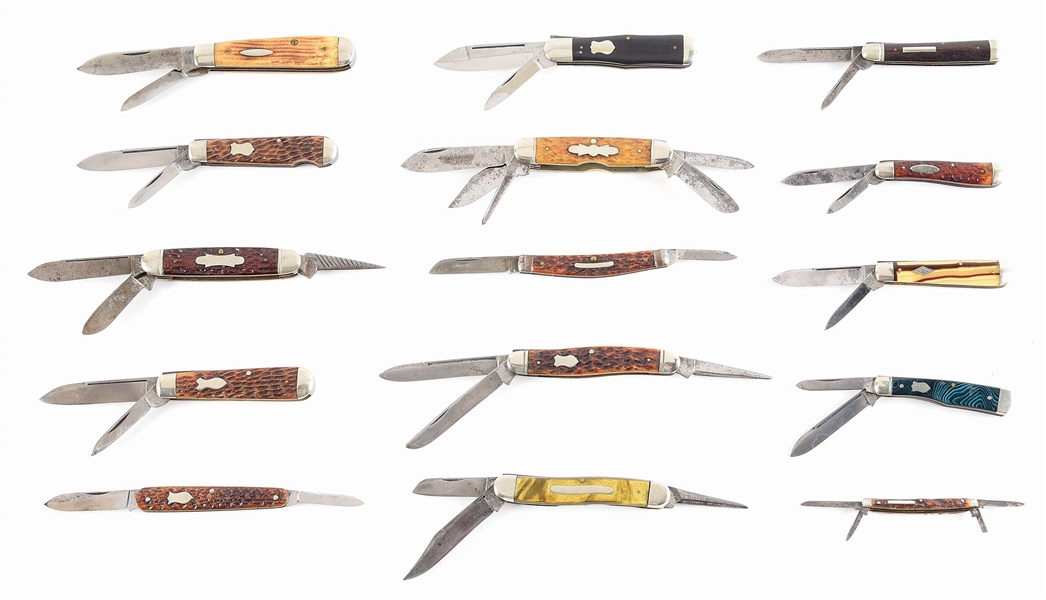 LOT OF 15: EARLY AMERICAN FOLDING KNIVES IN 2, 3, 4, AND 5 BLADE PATTERNS.