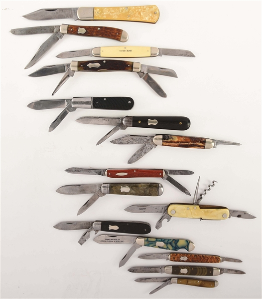 LOT OF 15: EARLY AMERICAN FOLDING KNIVES IN 1, 2, 3, 4, AND 6 BLADE PATTERNS.