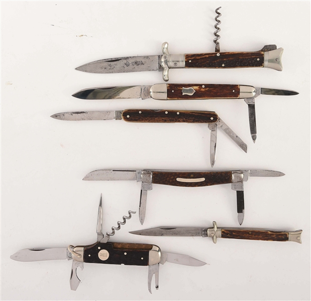 LOT OF 6: LARGE PATTERN GERMAN KNIVES IN 1, 2, 3, 4, AND 6 BLADE VARIATIONS.
