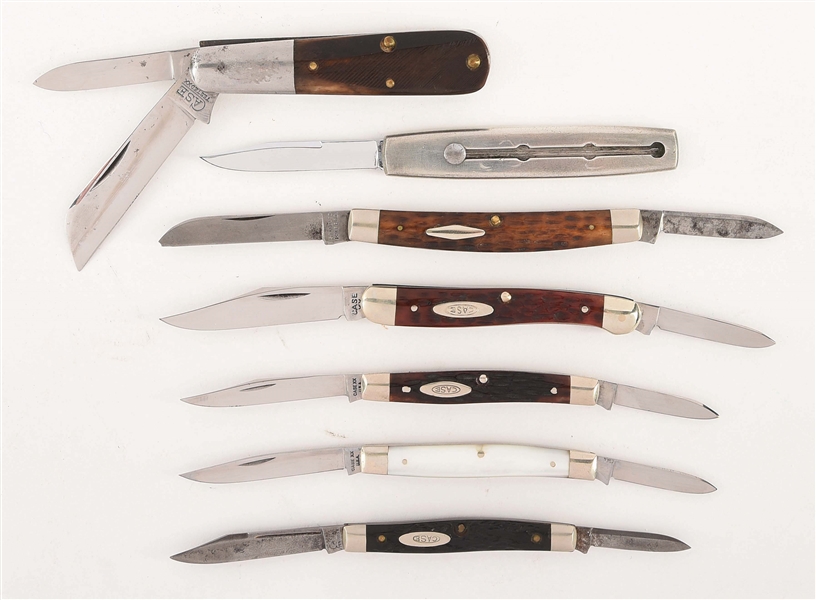 LOT OF 7: CASE AND CASE FAMILY FOLDING KNIVES IN ONE AND TWO BLADE PATTERNS.