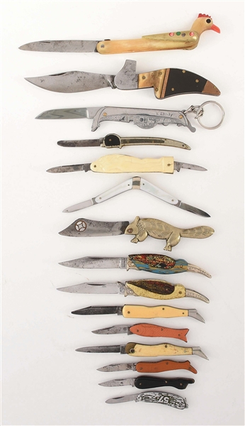 LOT OF 15: EARLY FOREIGN MANUFACTURED FIGURAL KNIVES.
