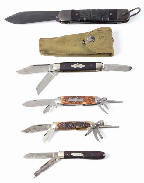 LOT OF 5: AMERICAN MILITARY FOLDING KNIVES BY COLONIAL, CAMILLUS, ULSTER, AND MILLER BROS.