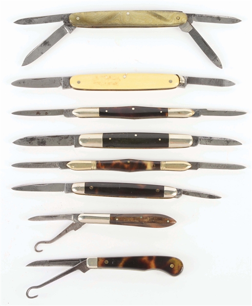LOT OF 8: EARLY AMERICAN SMALL PATTERN KNIVES BY NAPANOCH, MILLER BROS, CENTRAL CITY KNIFE CO, HOLLEY LAKEVILLE, PENN CUT CO, RAWSON AND SONS, AMERICAN SHEAR AND KNIFE.