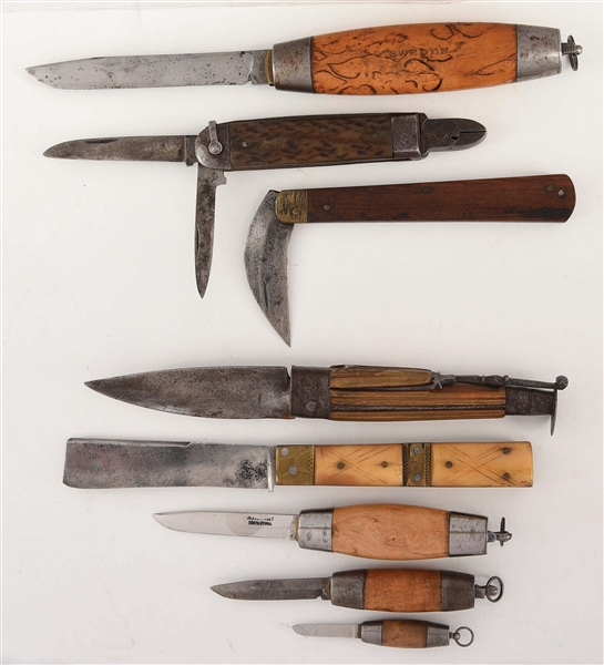 LOT OF 8: UNUSUAL EARLY FOREIGN FOLDING KNIVES.