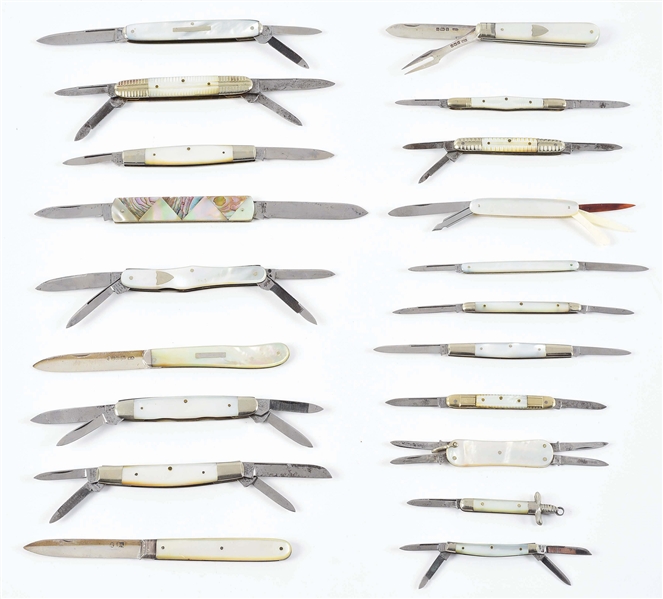 LOT OF 20: EARLY ENGLISH AND GERMAN SMALL PATTERN M.O.P FOLDING KNIVES BY H. BOKER & CO, W.H. MORLEY AND SONS, RODGER, BRIGHTON, AND P.L. SCHMIDT.