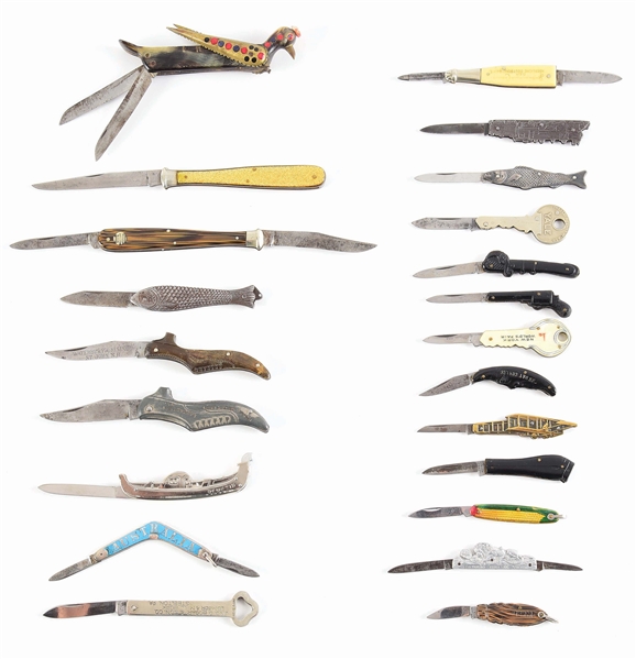 LOT OF 22: EARLY FIGURAL KNIVES BOTH AMERICAN AND FOREIGN BY UTICA, BRIDGE CUT CO, AND GERMAN MAKERS.
