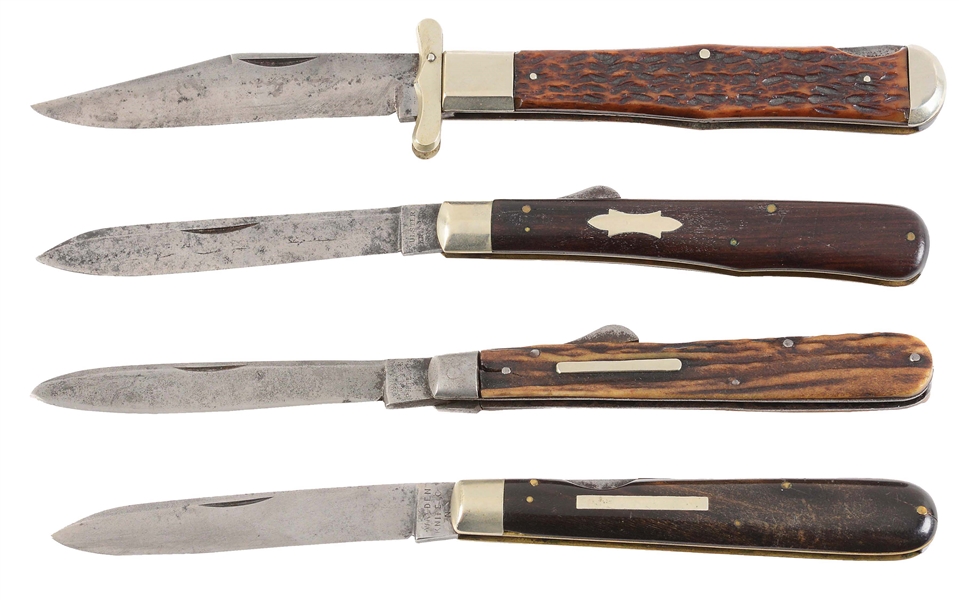 LOT OF 4: EARLY AMERICAN SINGLE BLADE LOCK BACK FOLDING HUNTERS BY WALDEN KNIFE CO, UTICA, ULSTER, AND COQUANOC.