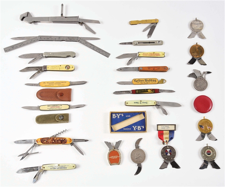 LOT OF 23: AMERICAN AND FOREIGN UNUSUAL ADVERTISING AND THEME KNIVES.