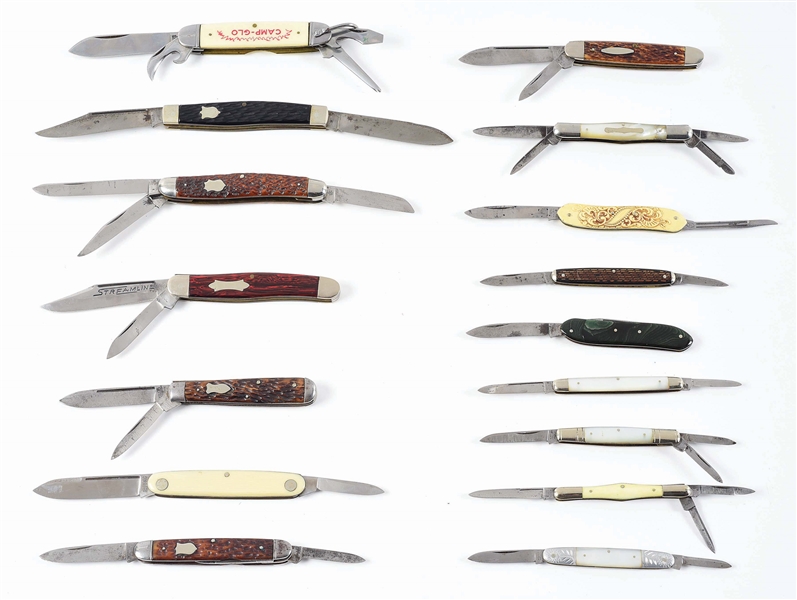 LOT OF 16: AMERICAN AND FOREIGN FOLDING KNIVES IN 1-2-3-4 BLADE PATTERNS.