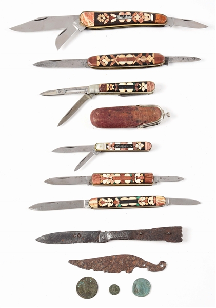 LOT OF 8: KARLSBAD SOUVENIR FOLDING KNIVES WITH FANCY INLAID HANDLES AND 2 ANCIENT BLADES.