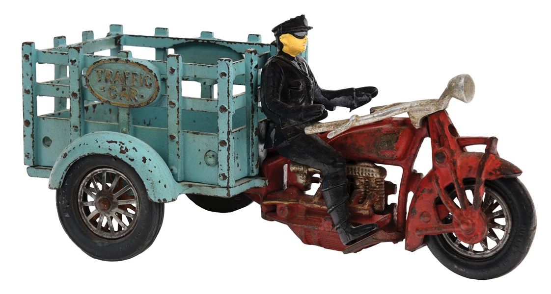 LARGE SIZE CAST-IRON HUBLEY TRAFFIC CAR MOTORCYCLE TOY WITH POLICEMAN RIDER.