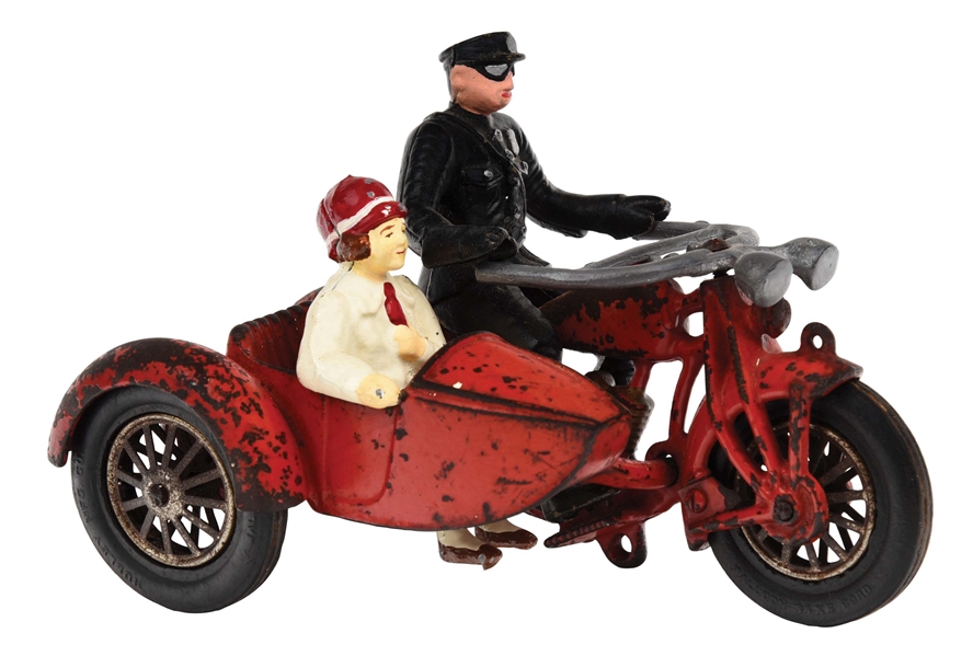 CAST-IRON HUBLEY MOTORCYCLE TOY WITH SIDECAR.