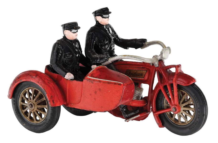 HUBLEY CAST-IRON INDIAN ARMORED MOTORCYCLE WITH SIDECAR.